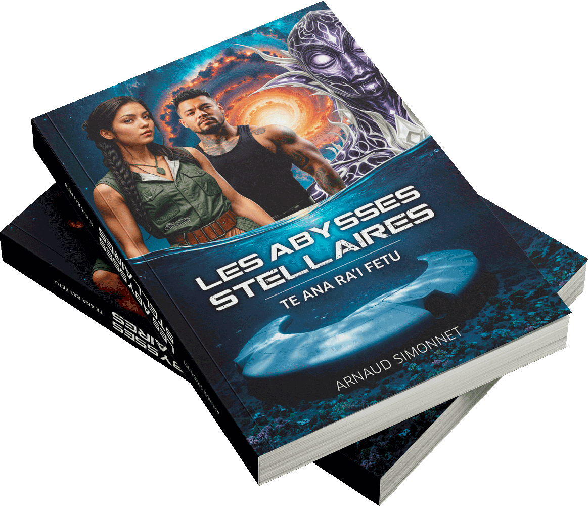 Deux livres empilés, "Les Abysses Stellaires" sur le dessus avec deux personnages en couverture.